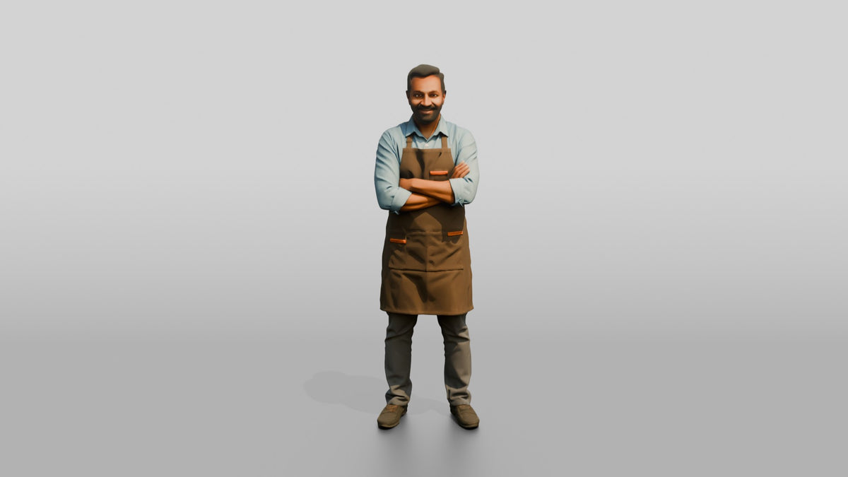 South Asian Cafe Owner in Apron - 3D character model, view 5