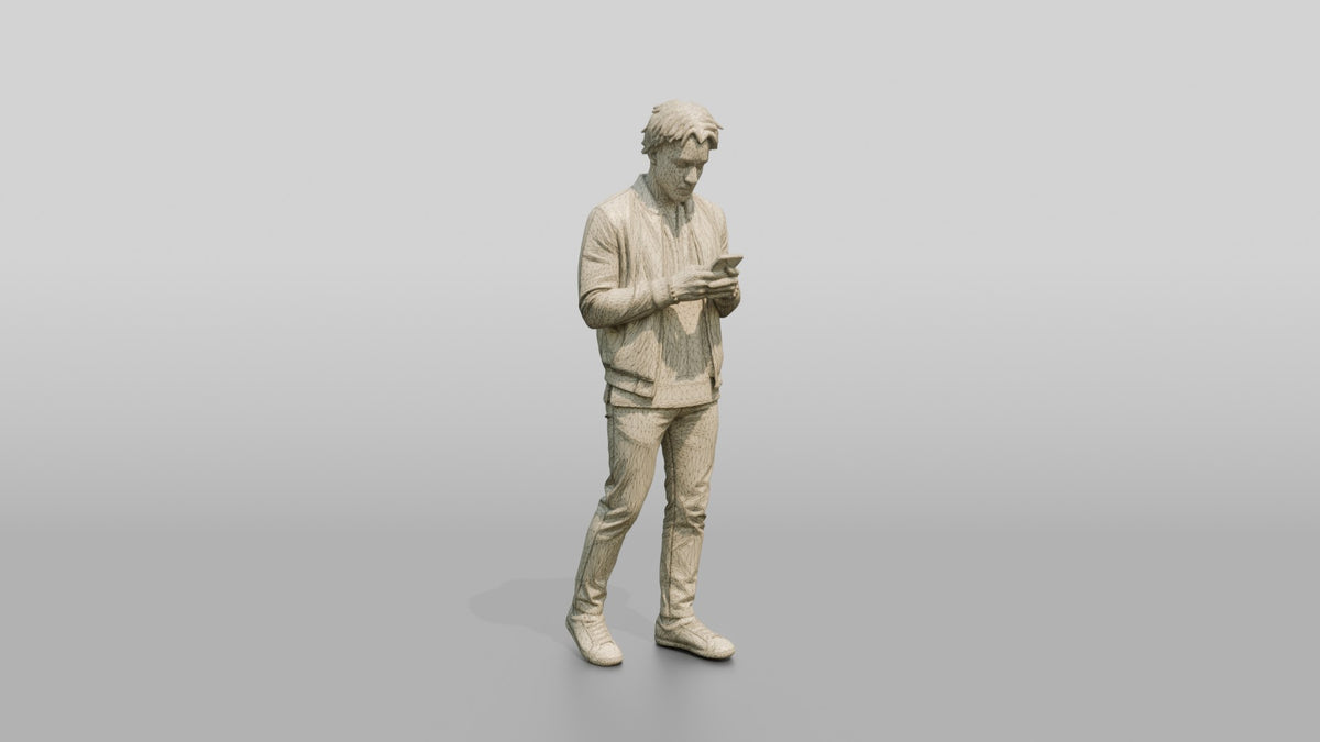 Stylish African Man Texting in a Leather Bomber Jacket - wireframe topology preview
