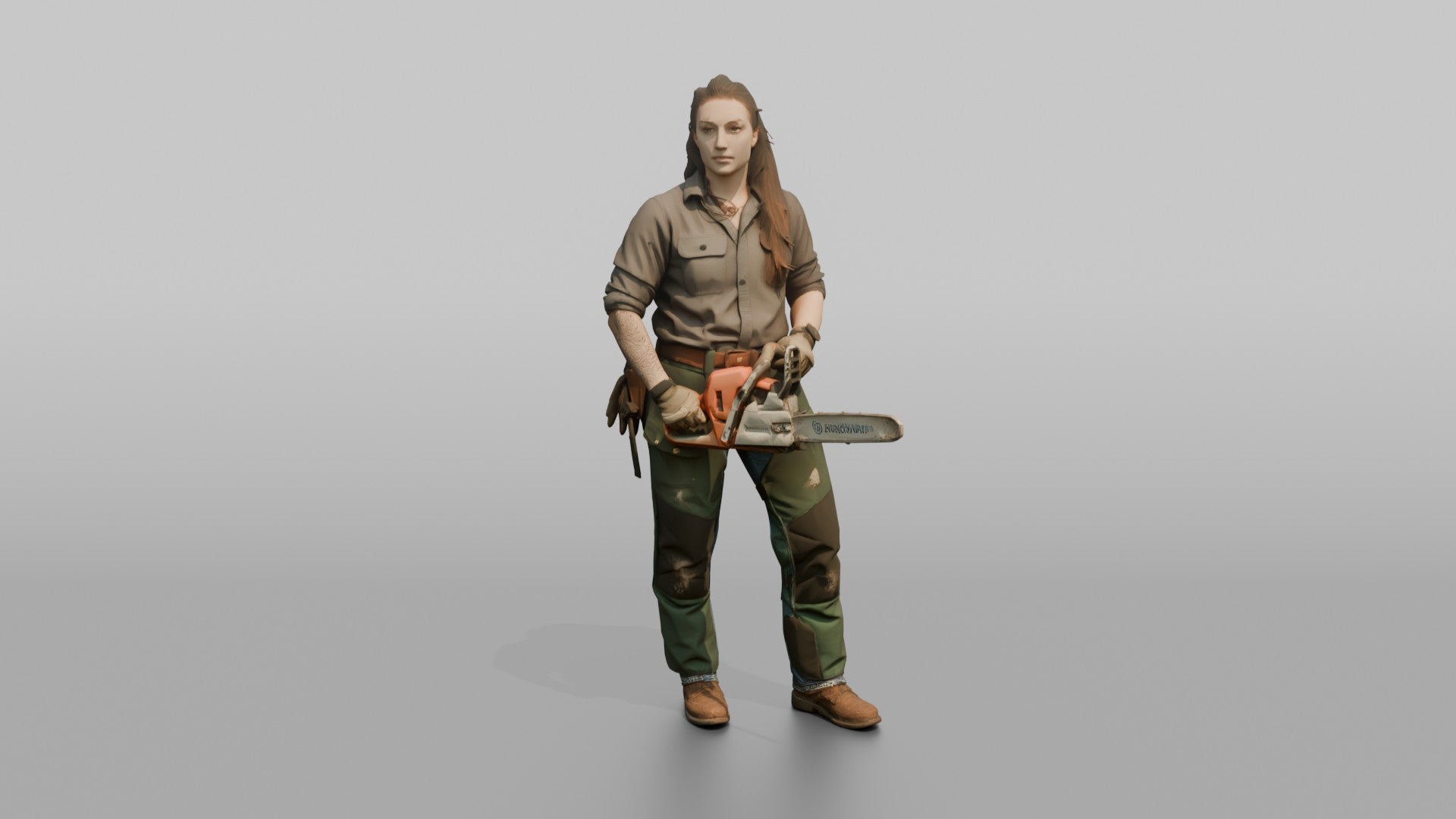 Farmer Holding Chainsaw Wearing Protective Chaps