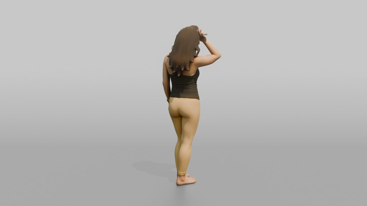 Physique Model Woman Standing With One Hand Through The Hair, Confident Pose - 3D character model, view 3