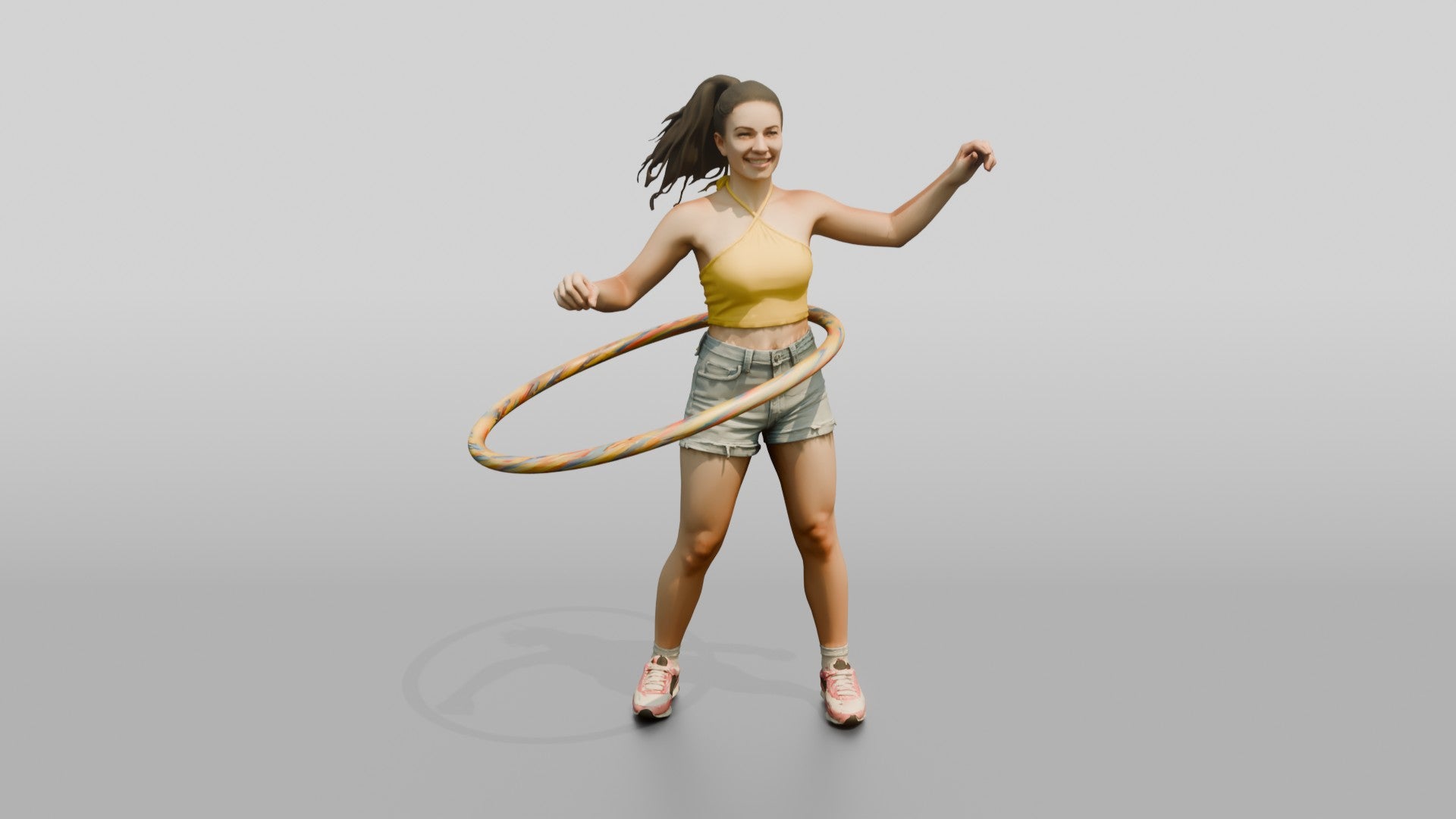 Woman Hula-Hooping in Denim Shorts