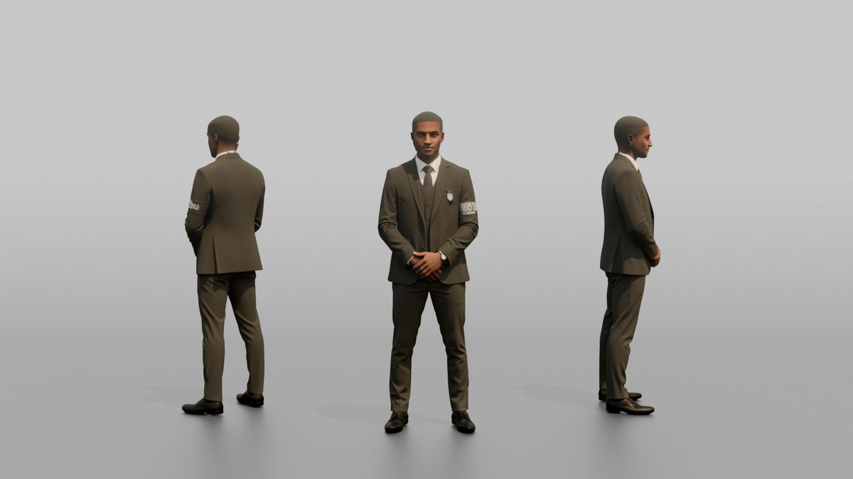 Door Staff Man Standing With Hands Clasped In Front, Formal Posture - 3D character model, view 1
