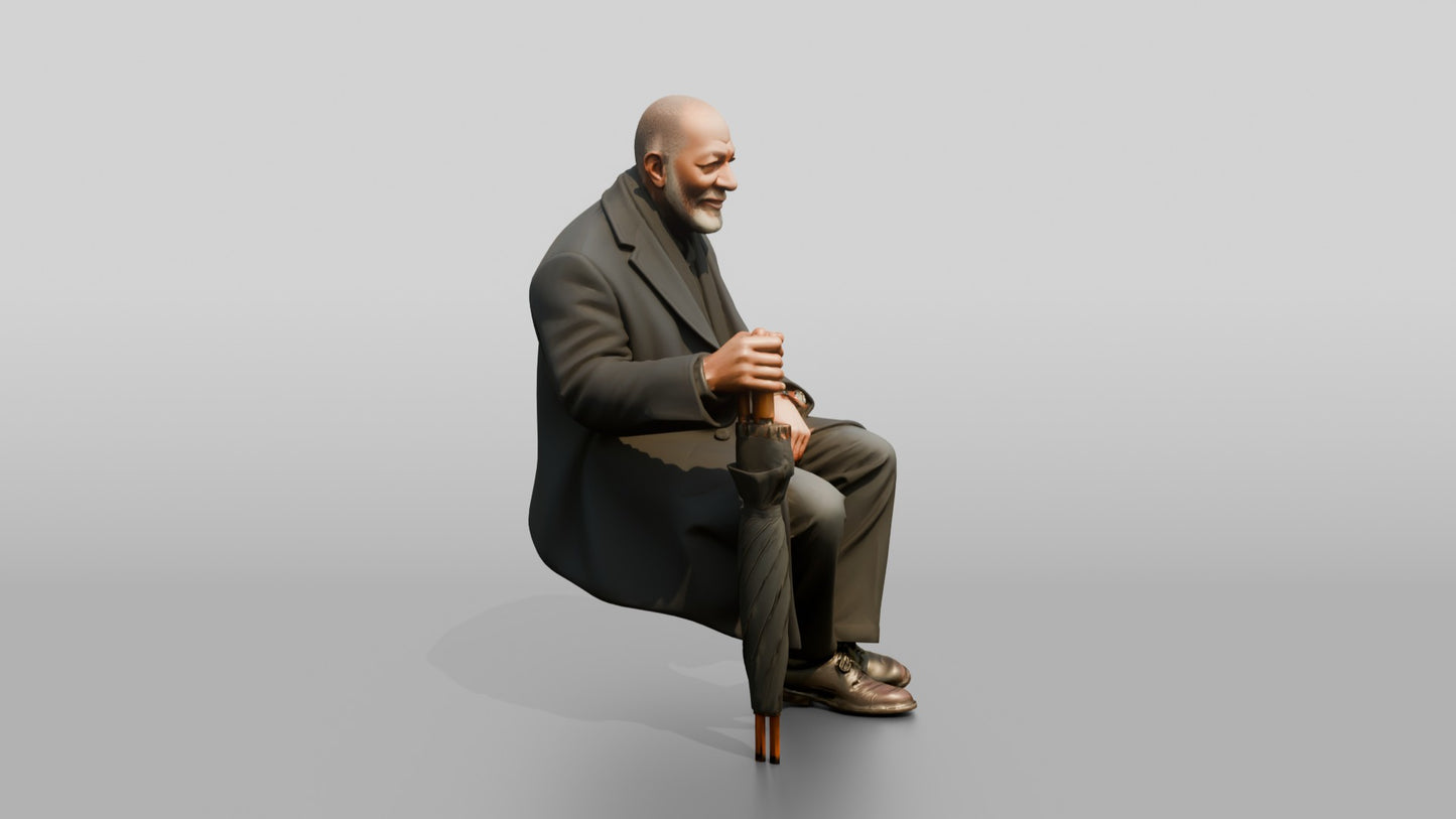 Elderly Black Man Sitting on Bench with Umbrella