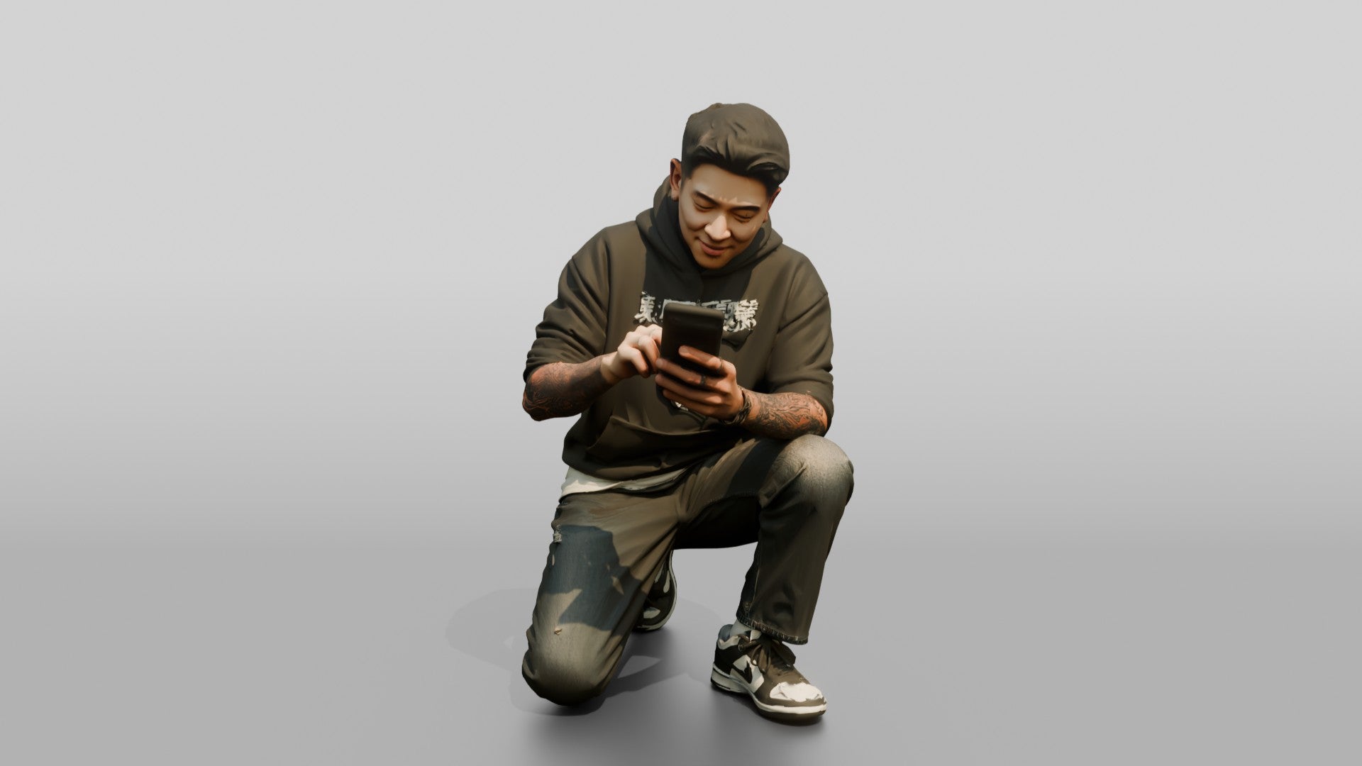 Asian Man Crouched Texting on Phone
