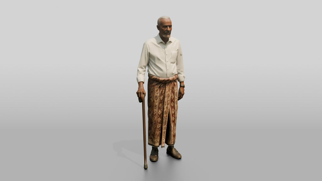 Elderly African Man in Patterned Sarong Leaning on a Cane