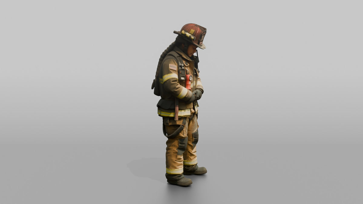 Firefighter Woman Fastening Her Heavy Turnout Jacket Buckles - 3D character model, view 2