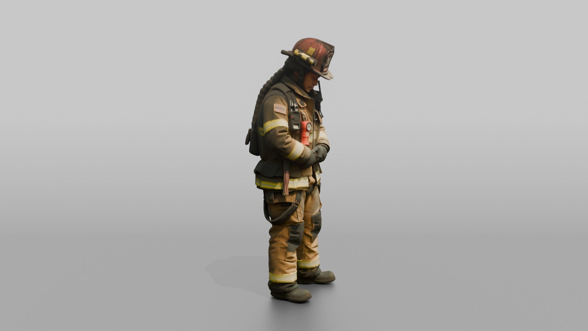 Firefighter Woman Fastening Her Heavy Turnout Jacket Buckles