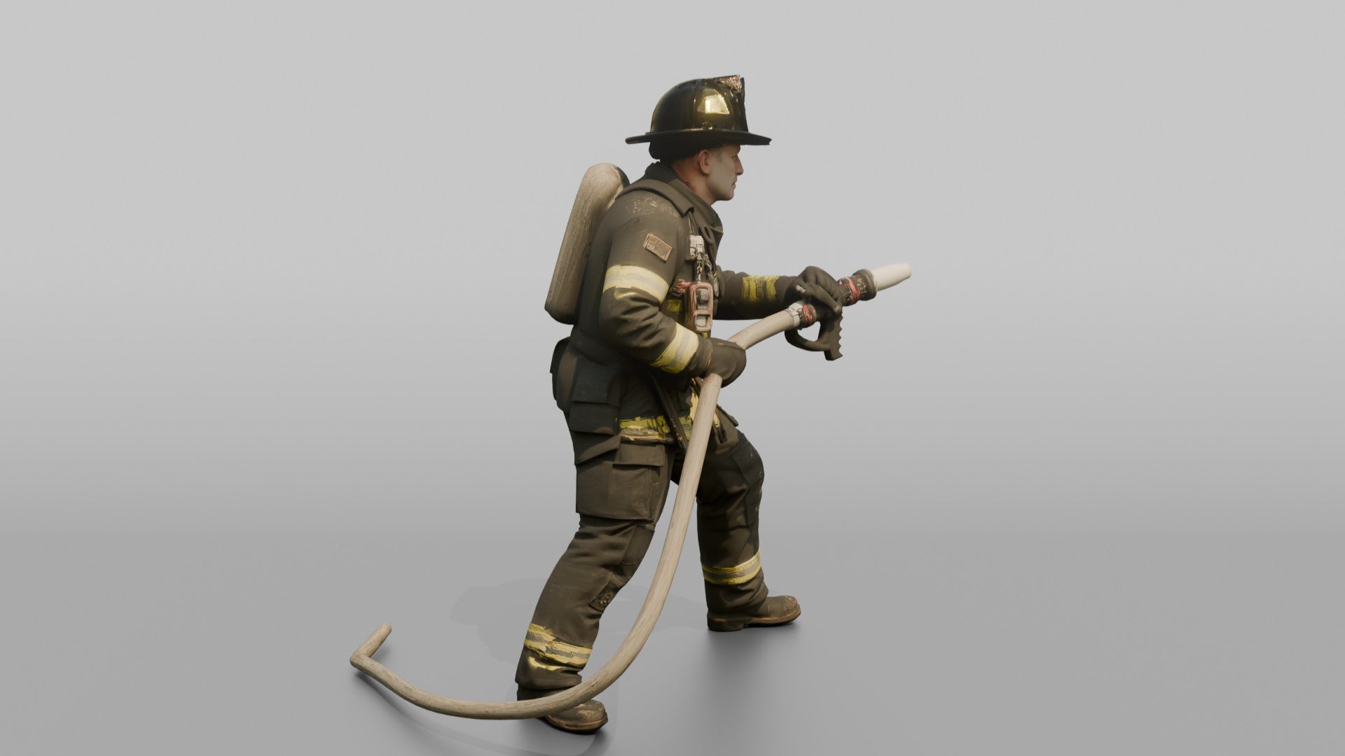 Firefighter Man Bracing Himself While Holding a Pressurized Fire Hose