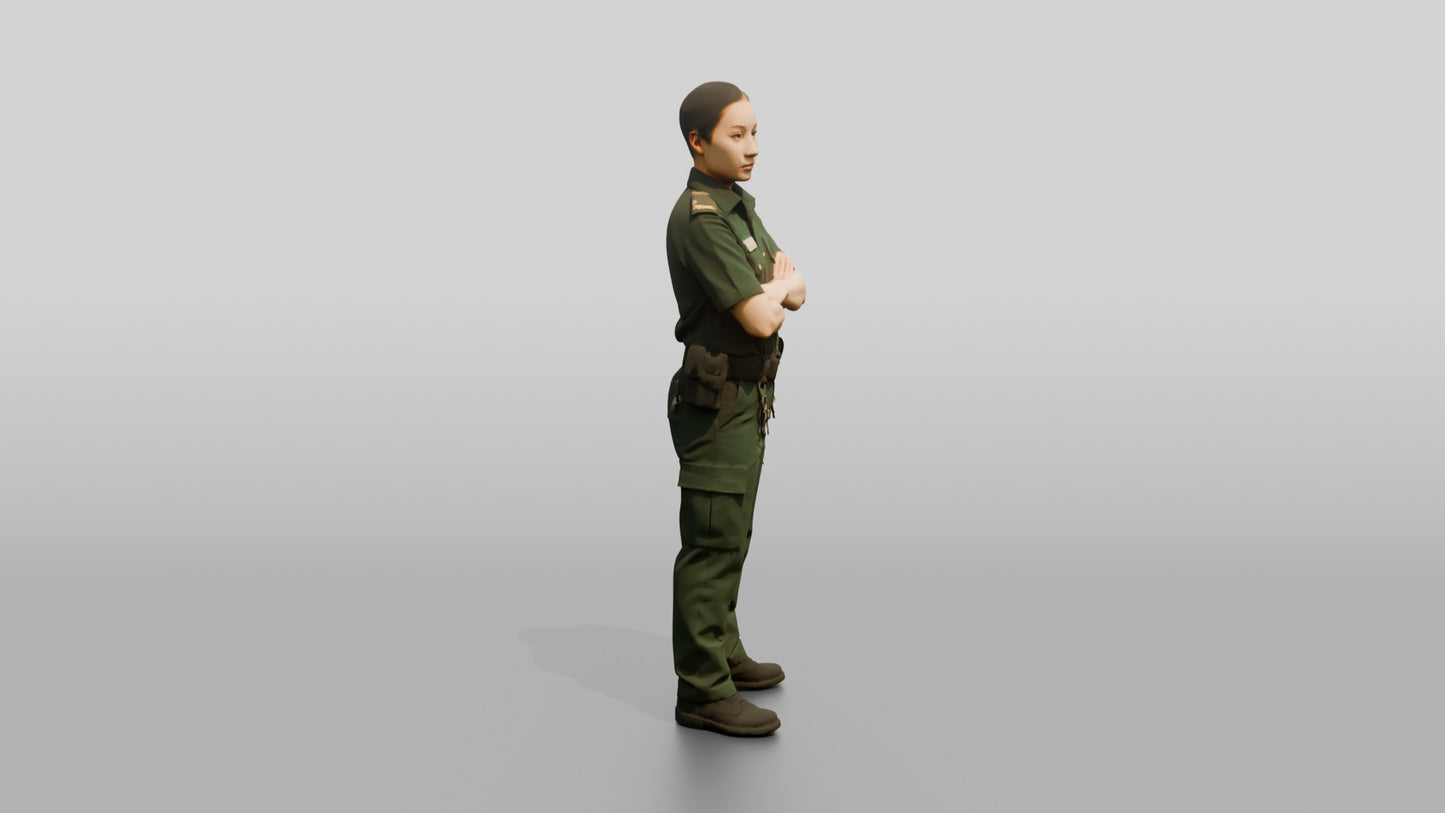 East Asian Female Guard in a Dark Green Guard Uniform