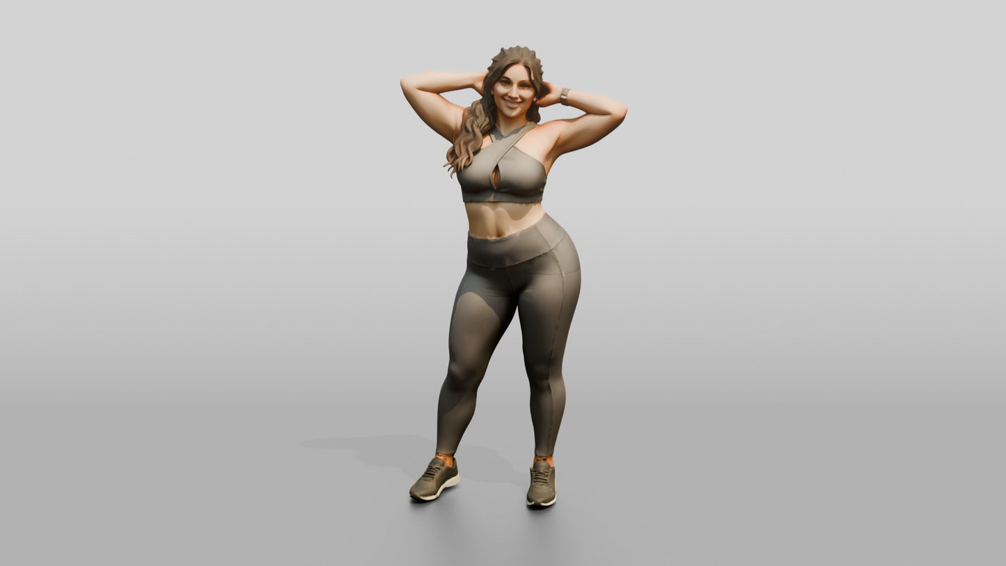 Curvy Woman in Grey Activewear with Arms Raised