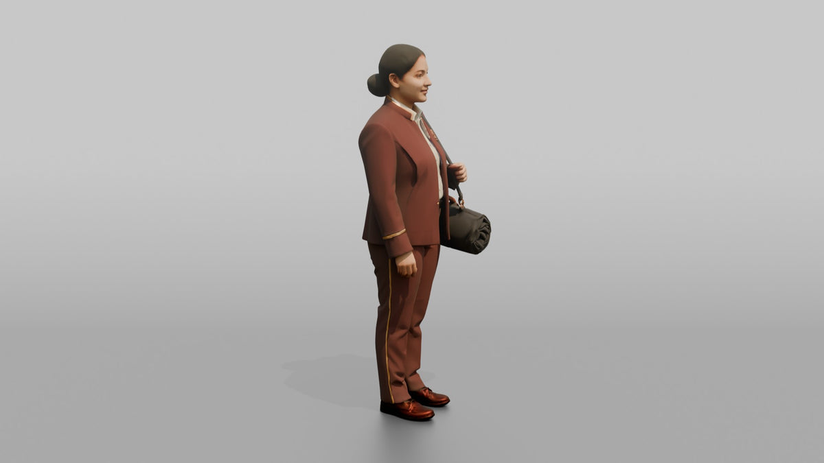 Bellhop Woman Carrying A Rolled Travel Bag Over One Shoulder - 3D character model, view 2