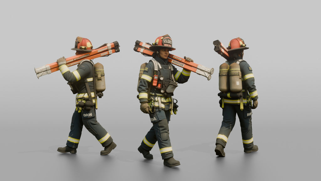 Firefighter Woman Carrying a Rescue Tripod Frame
