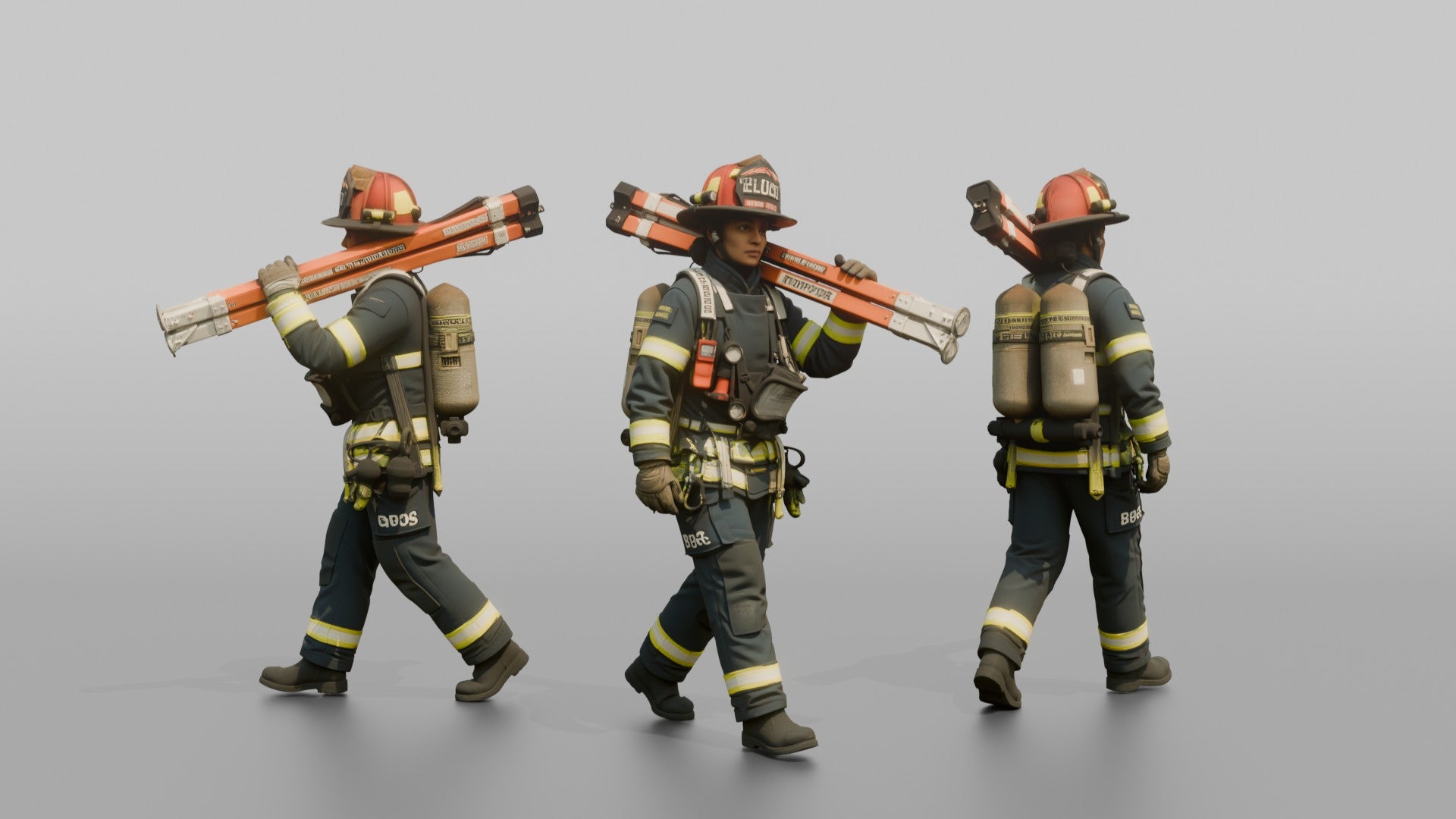 Firefighter Woman Carrying a Rescue Tripod Frame