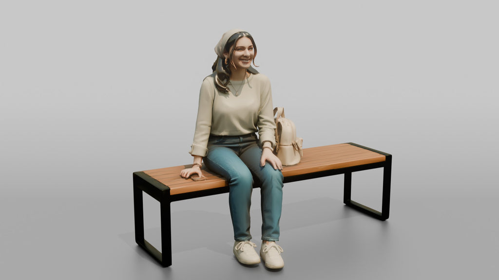 Young Woman Sitting on Bench with Backpack