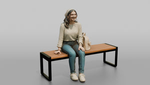 Young Woman Sitting on Bench with Backpack - 3D character model, view 1