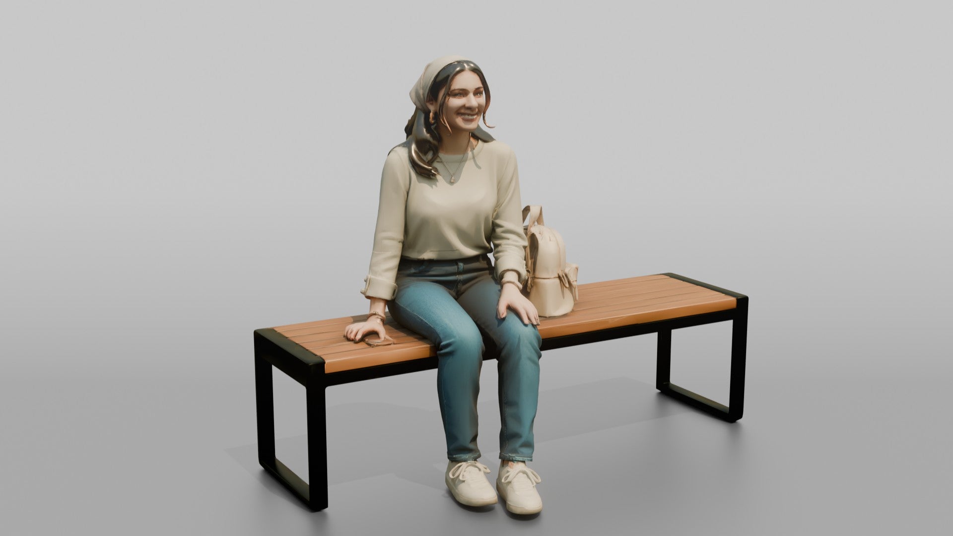 Young Woman Sitting on Bench with Backpack