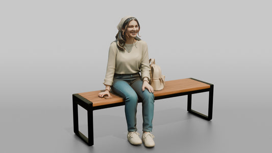 Young Woman Sitting on Bench with Backpack - 3D character model, view 1