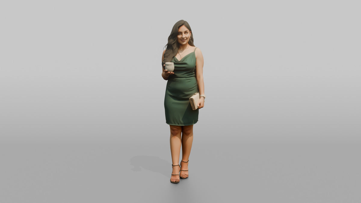 Patron Woman Standing With A Clutch Bag, Holding A Drink - 3D character model, view 5