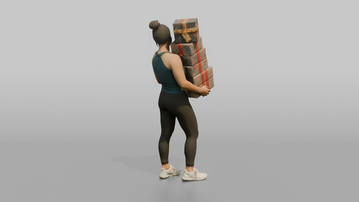 Mother Carrying A Stack Of Gift-wrapped Presents - 3D character model, view 3