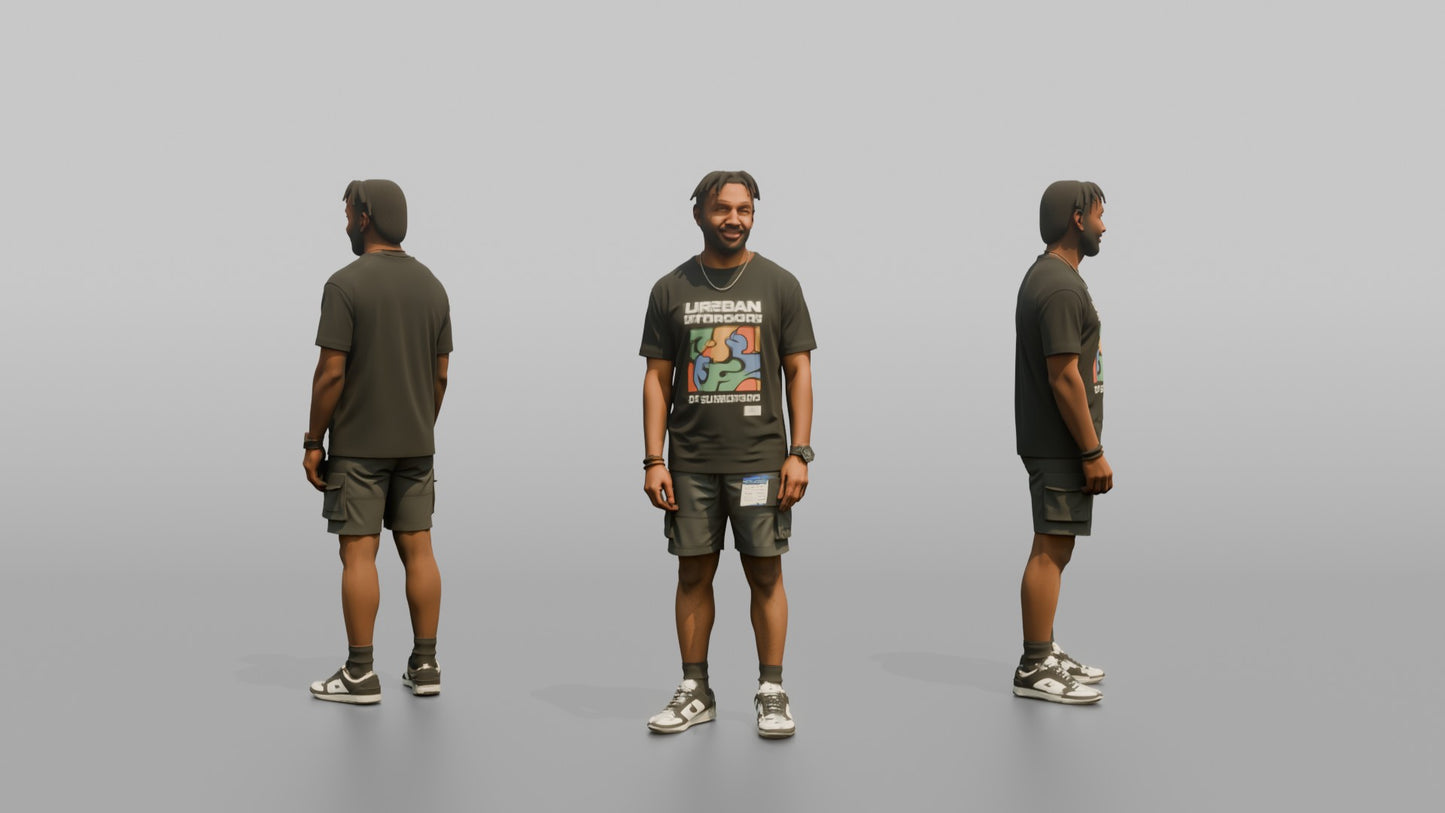 Vacationer Wearing Trendy Streetwear Graphic Tee And Shorts