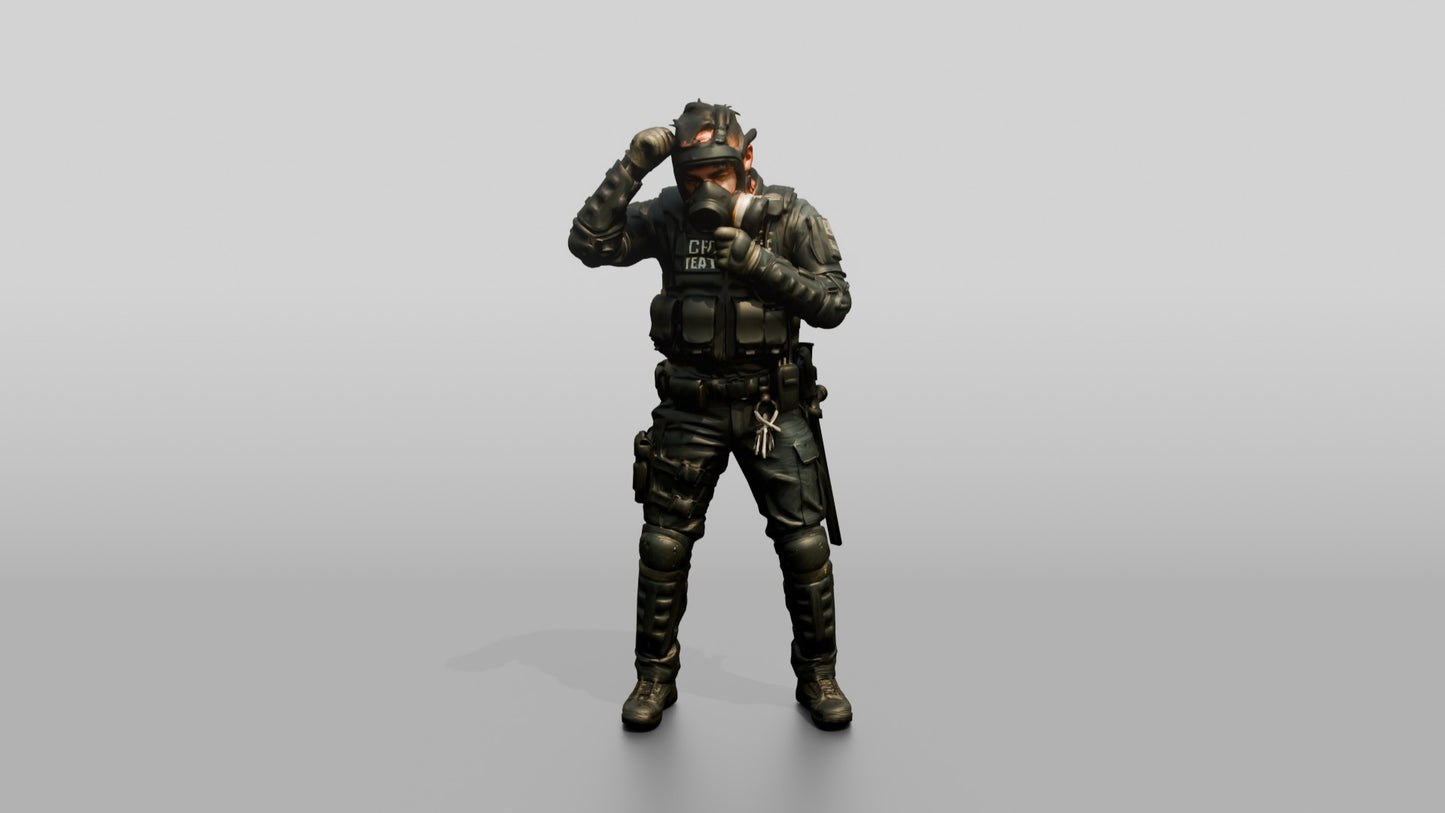 Riot Police Officer Adjusting Gear