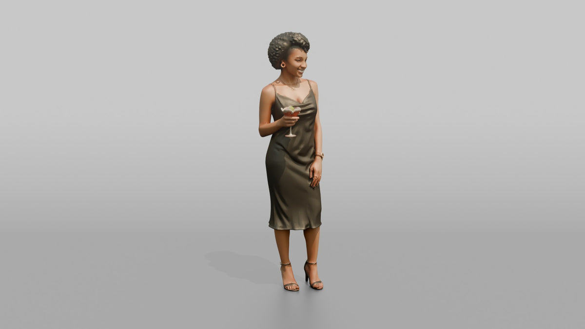 Patron Woman Standing Holding A Cocktail Glass, Relaxed Pose - 3D character model, view 2