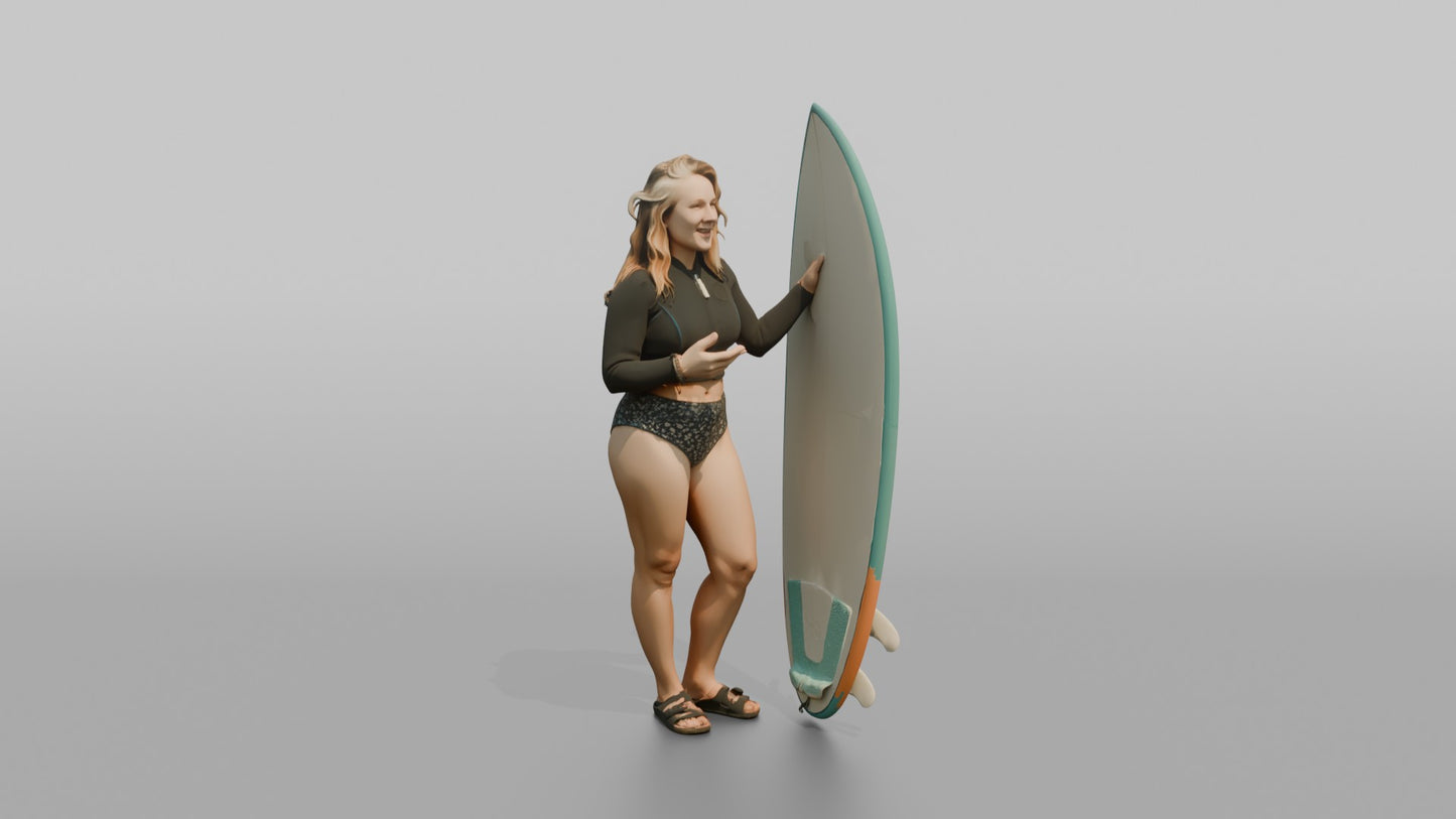Surfer Standing and Chatting by Her Board