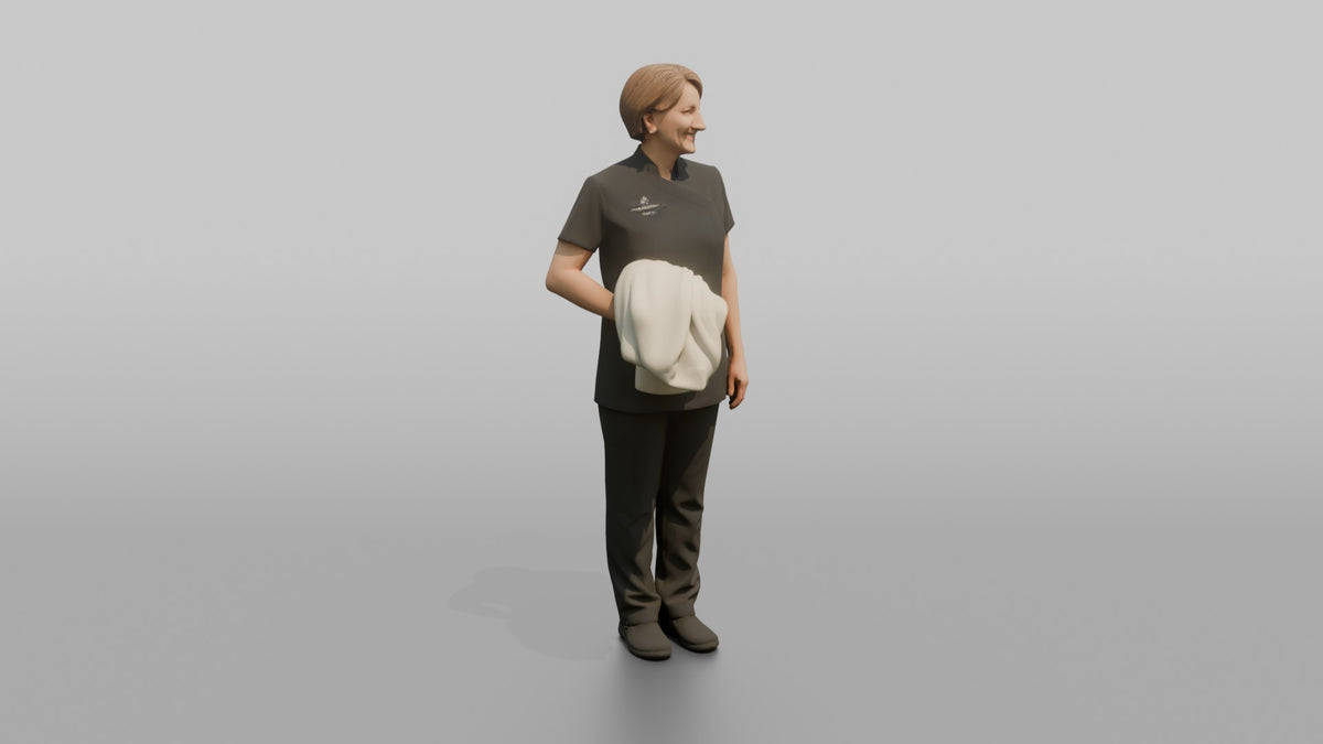 Spa Attendant Man Holding A Folded Bathrobe Over One Arm - 3D character model, view 2