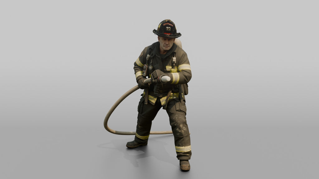 Firefighter Man Bracing Himself While Holding a Pressurized Fire Hose