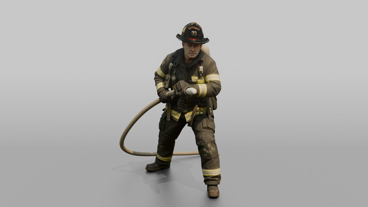 Firefighter Man Bracing Himself While Holding a Pressurized Fire Hose - 3D character model, view 4