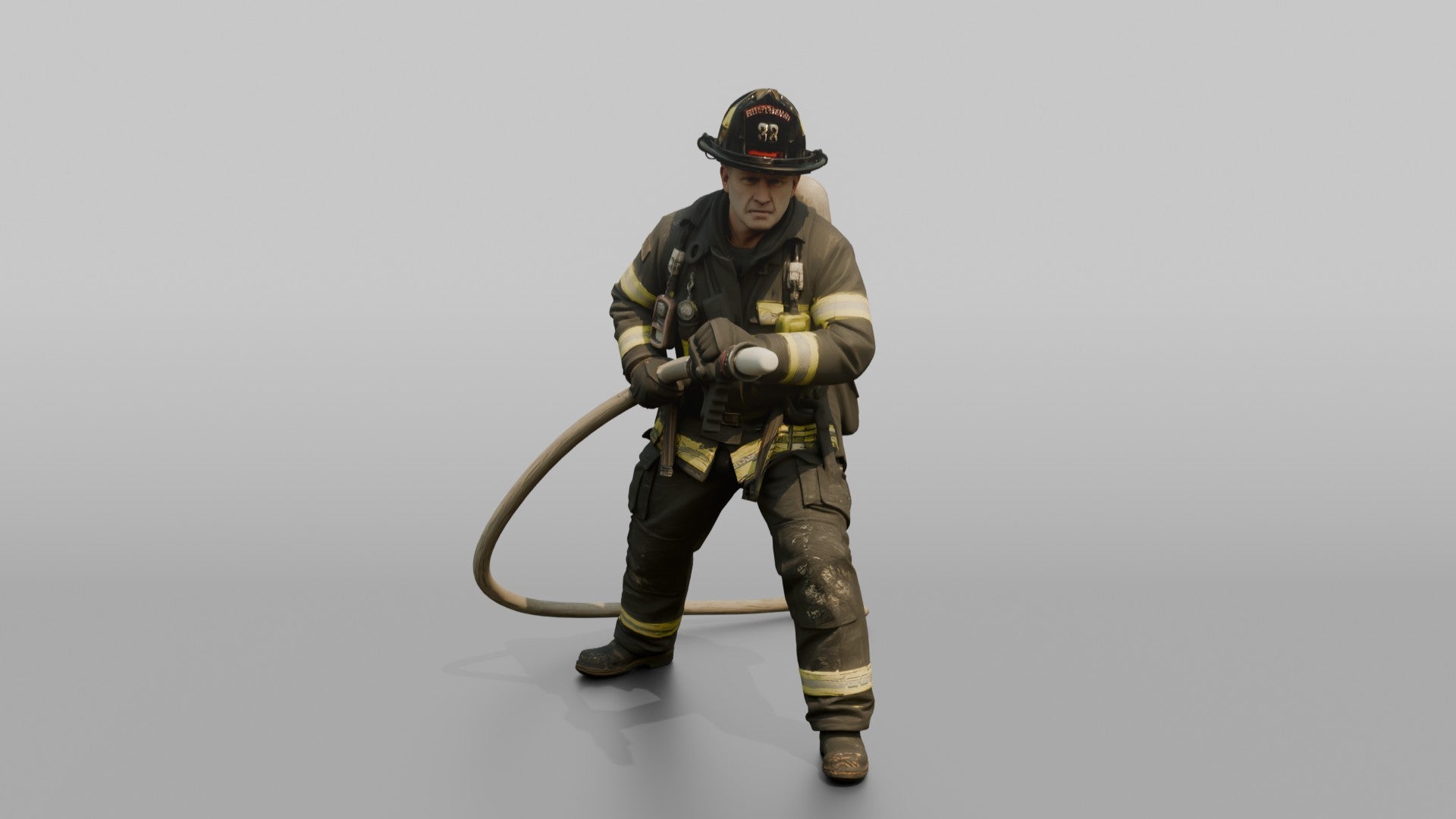 Firefighter Man Bracing Himself While Holding a Pressurized Fire Hose