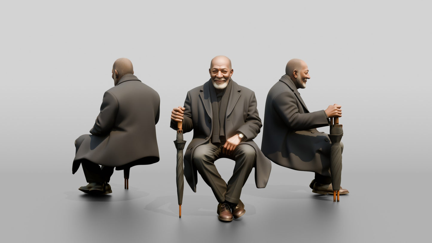 Elderly Black Man Sitting on Bench with Umbrella
