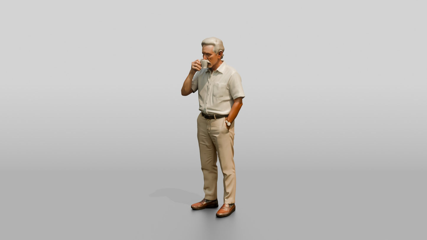 Elderly Slender Spanish Man Sipping Espresso