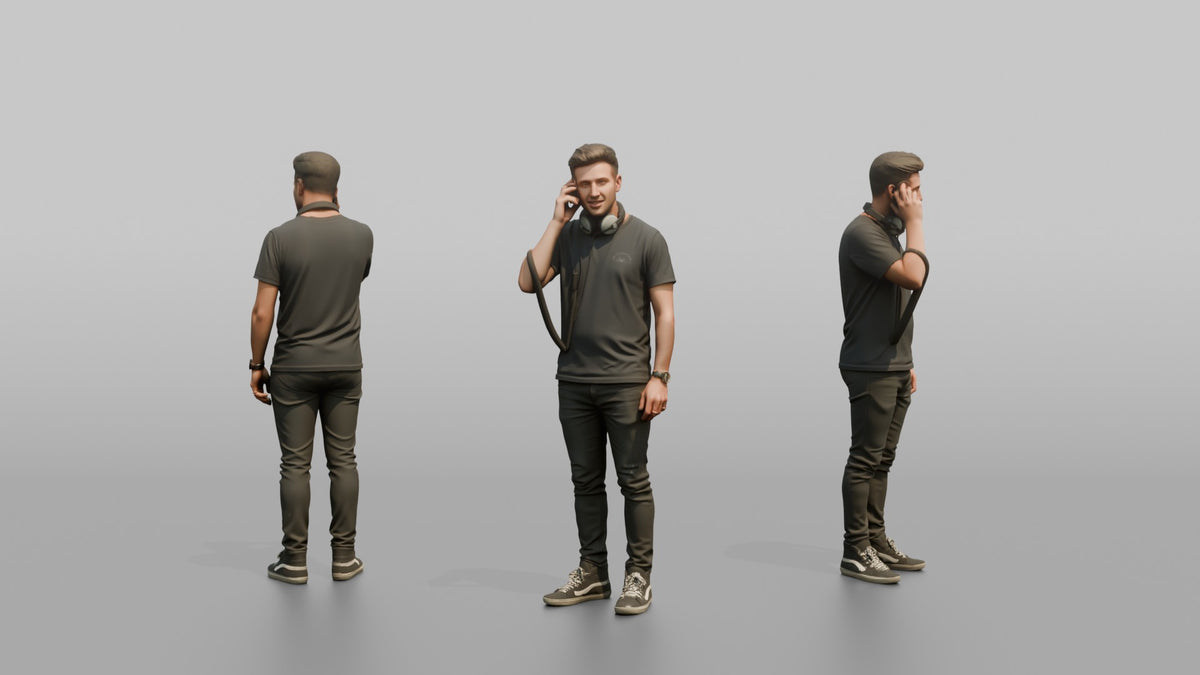 Club DJ Man Holding A Pair Of Headphones Up To One Ear - 3D character model, view 1
