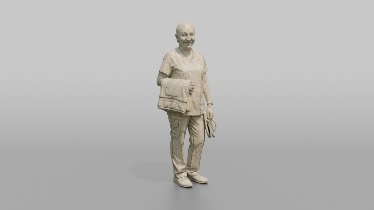 Spa Attendant Woman Holding A Folded Towel And Flip-flops - wireframe topology preview