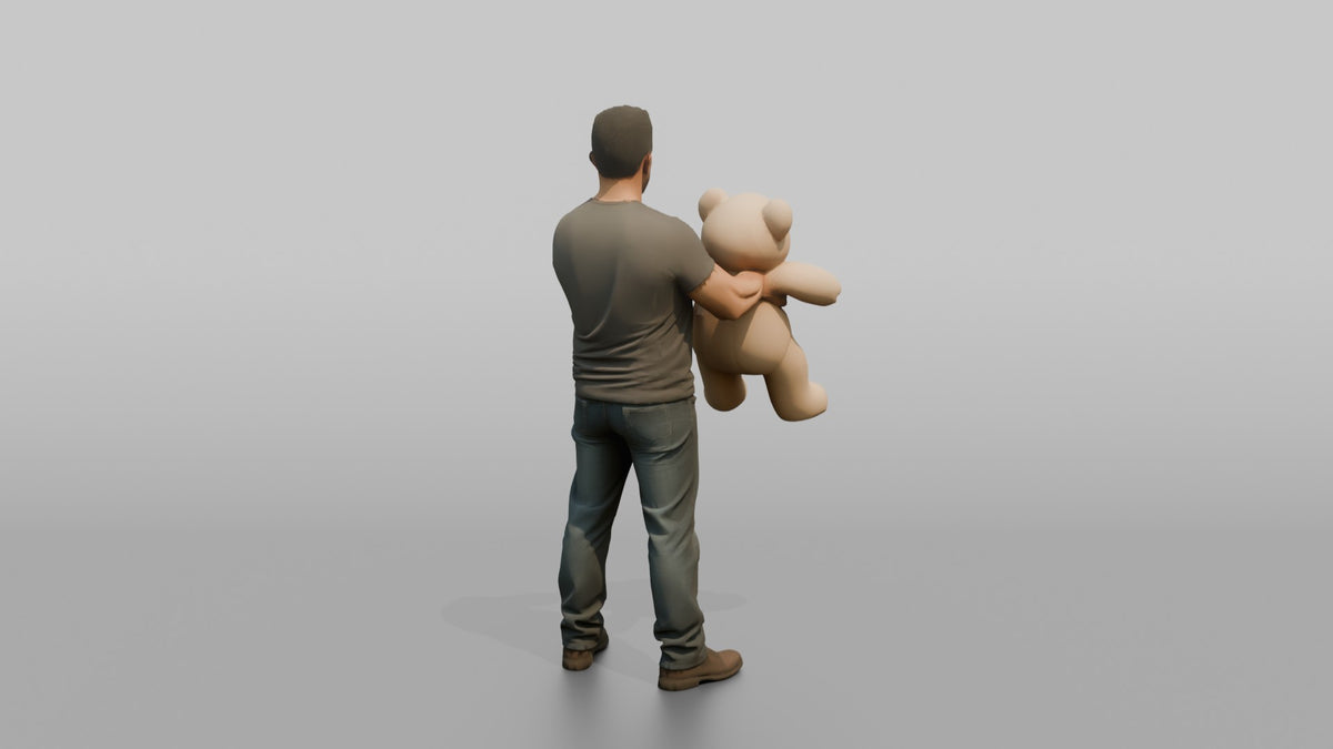 Father Holding A Large Teddy Bear Out In Front Of Him With Both Hands - 3D character model, view 3