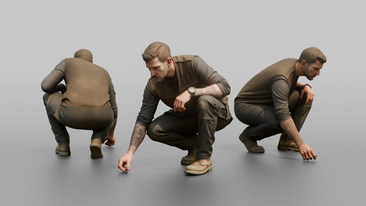 Protester Man Crouching to Pick Something Up