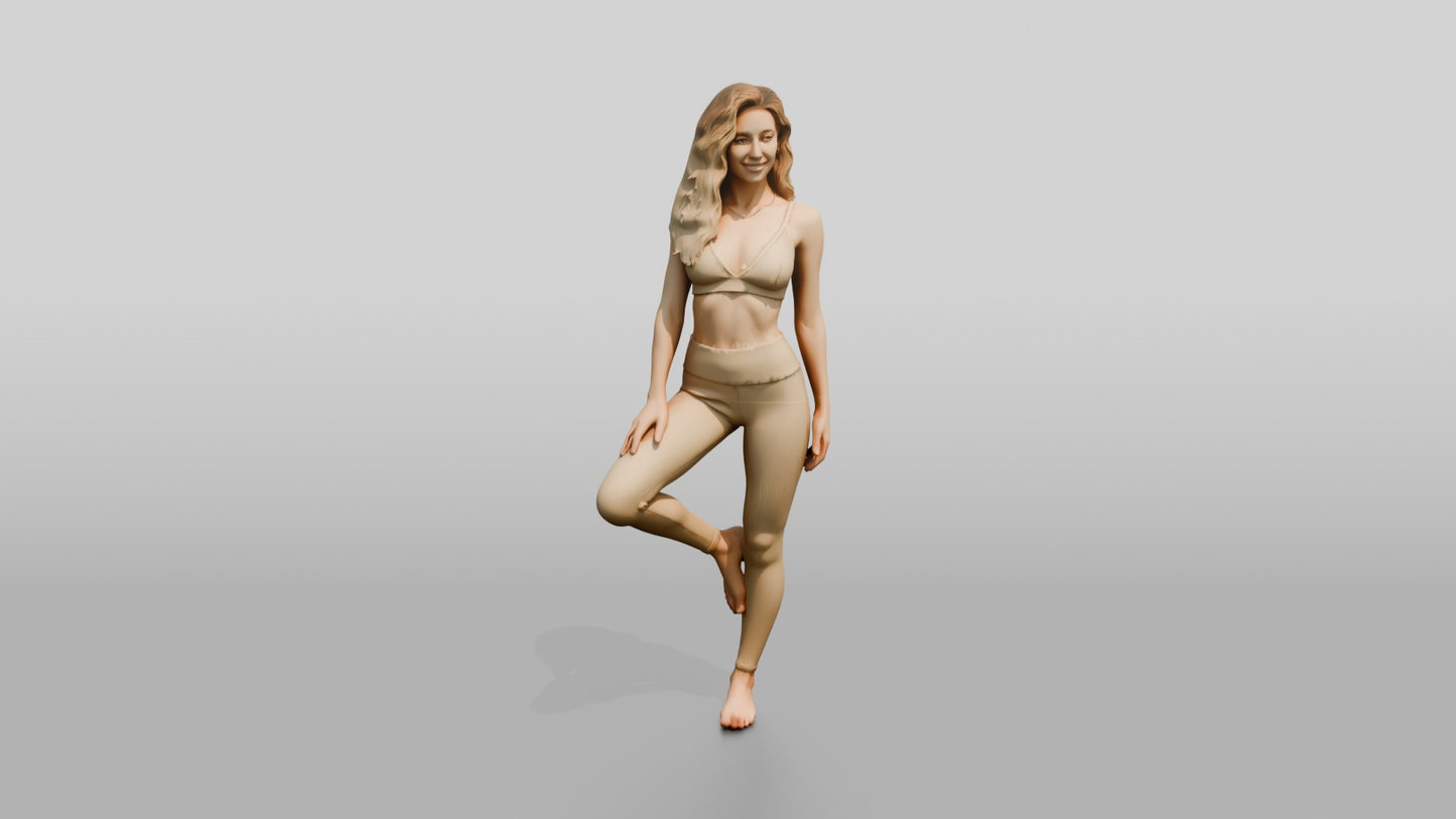 Blonde Woman in Beige Activewear in Tree Pose