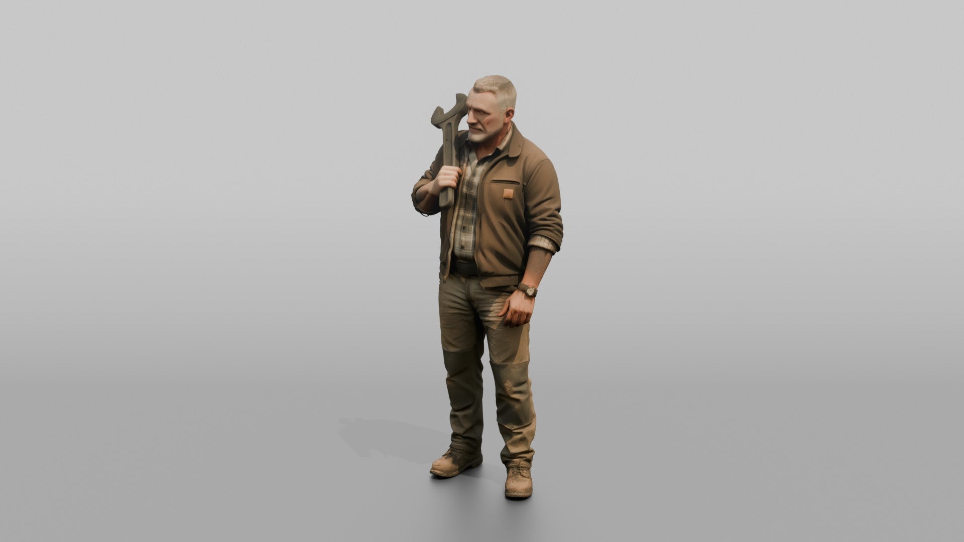 Farmer Holding Heavy Spanner Wrench Over Shoulder