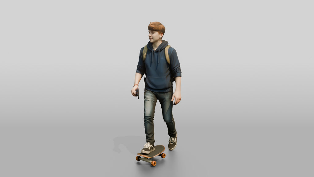 Teen Boy Riding Skateboard with Backpack and Phone