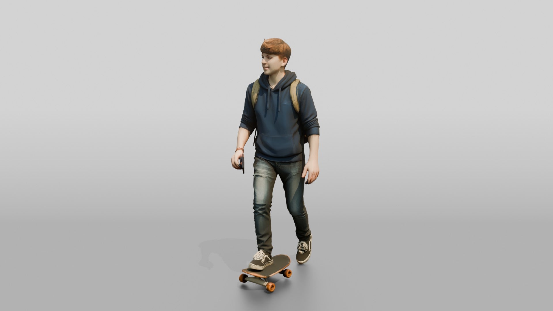 Teen Boy Riding Skateboard with Backpack and Phone
