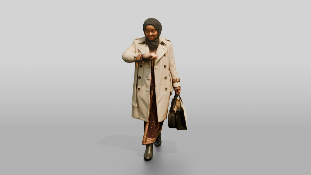 Woman in Hijab and Trench Coat Checking Her Watch