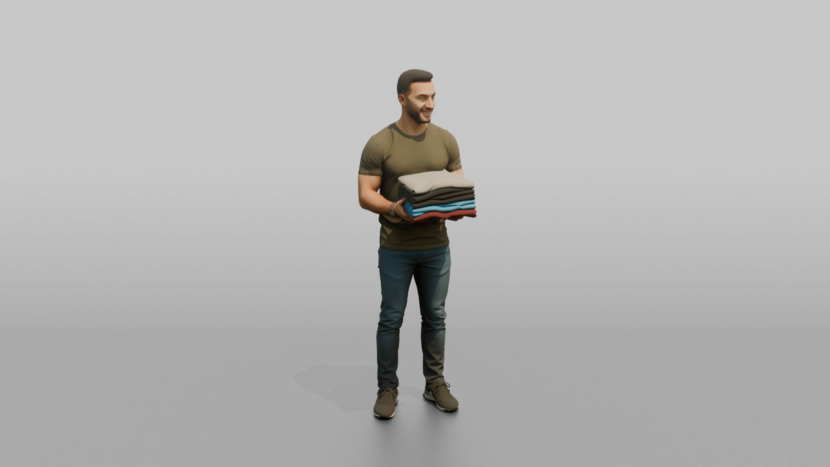 Man Customer Holding A Stack Of Folded T-shirts - 3D character model, view 2