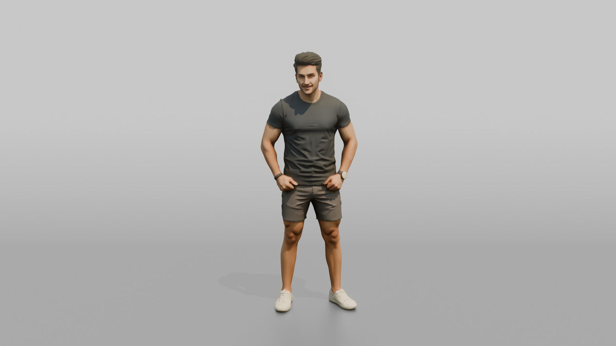 Fitness Influencer Man Standing Confidently, Thumbs Hooked In Waistband - 3D character model, view 5
