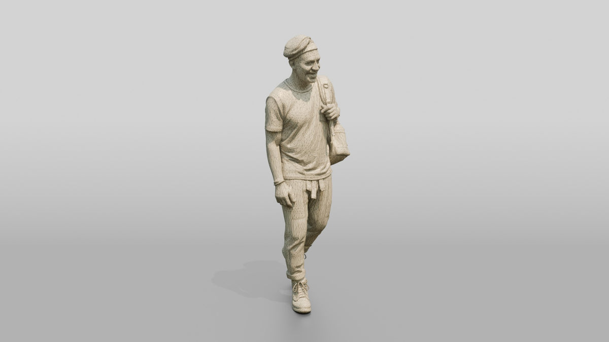 Elderly African Man Exploring with a Backpack - wireframe topology preview