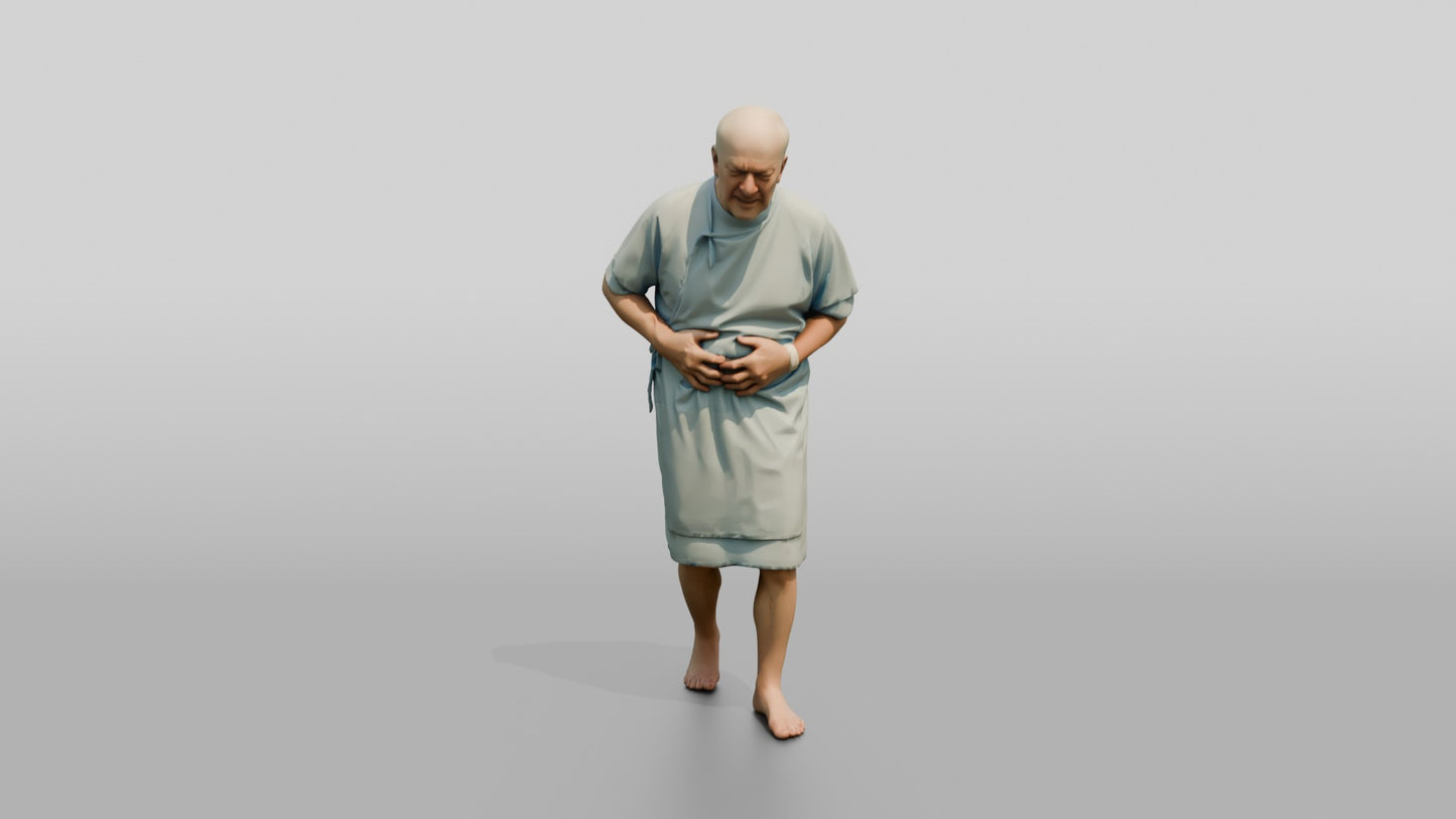 Elderly Man Patient Walking with Stomach Pain