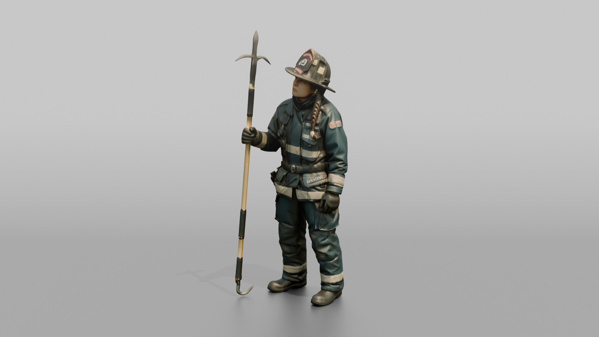 Firefighter Woman Scanning Overhead While Holding a Pike Pole