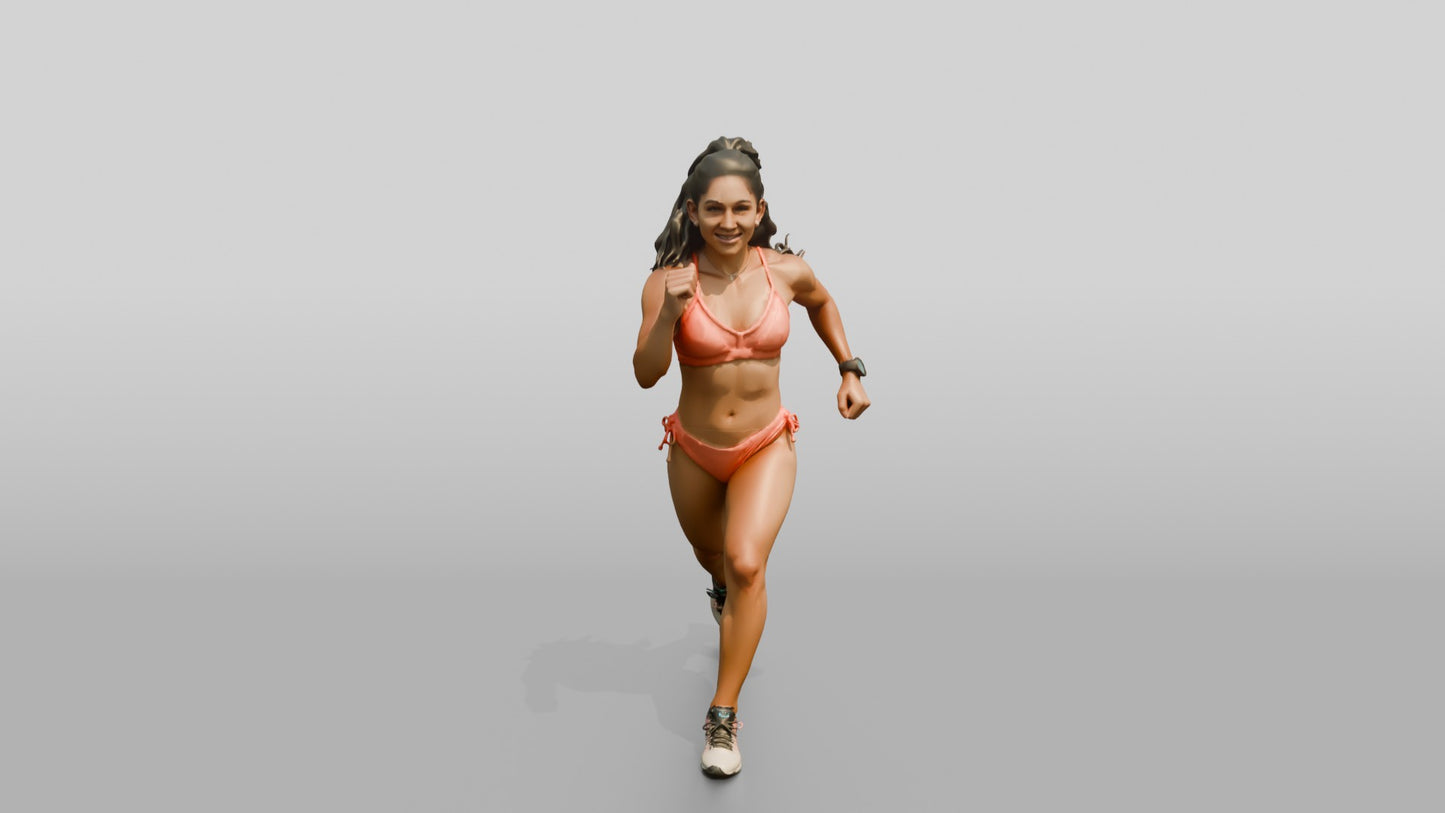 Latina Woman Running in Bold Coral Bikini