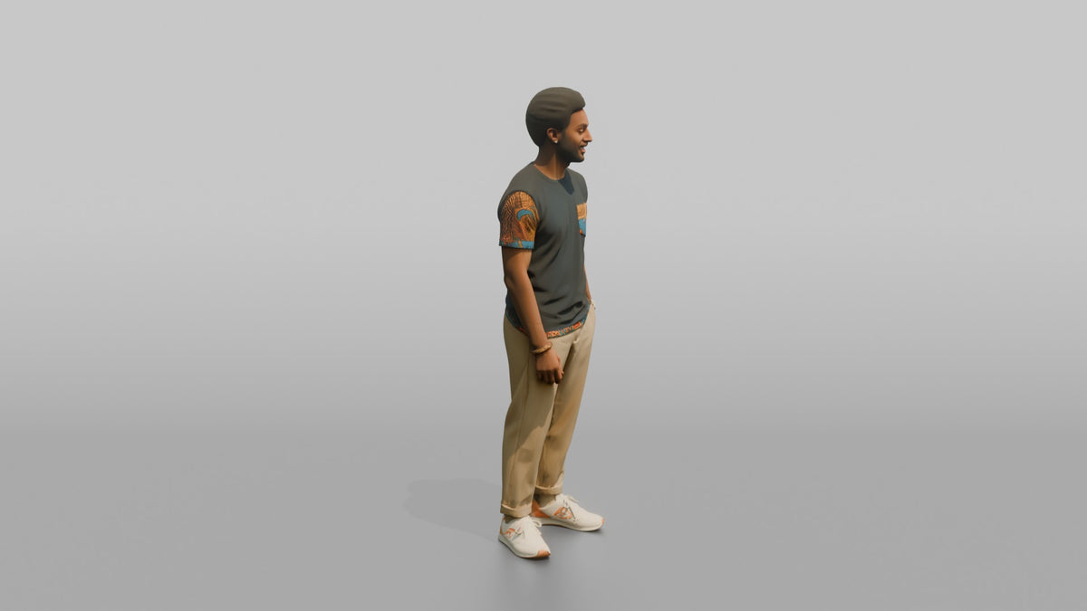 African Man in Ankara Print T-Shirt and Khakis - 3D character model, view 2