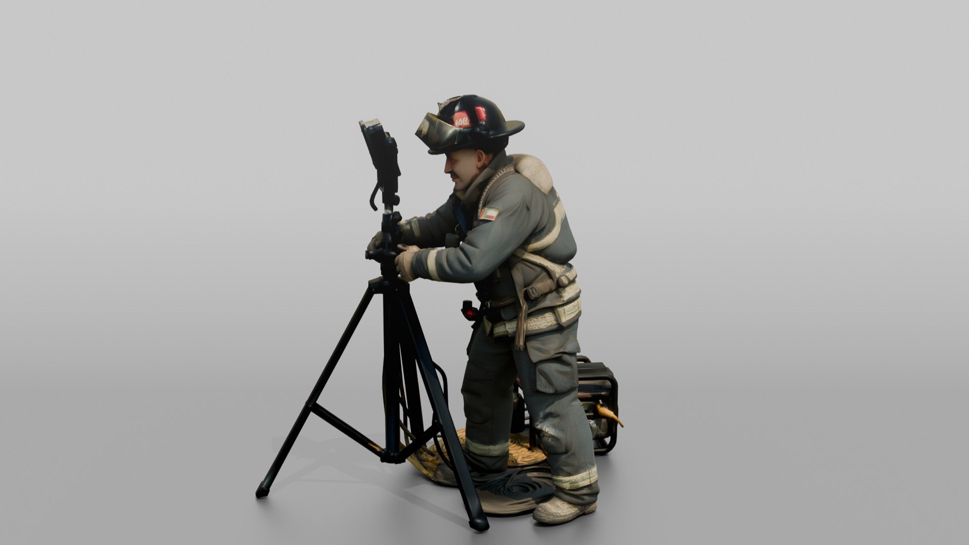 Firefighter Man Operating a Portable Floodlight Tripod